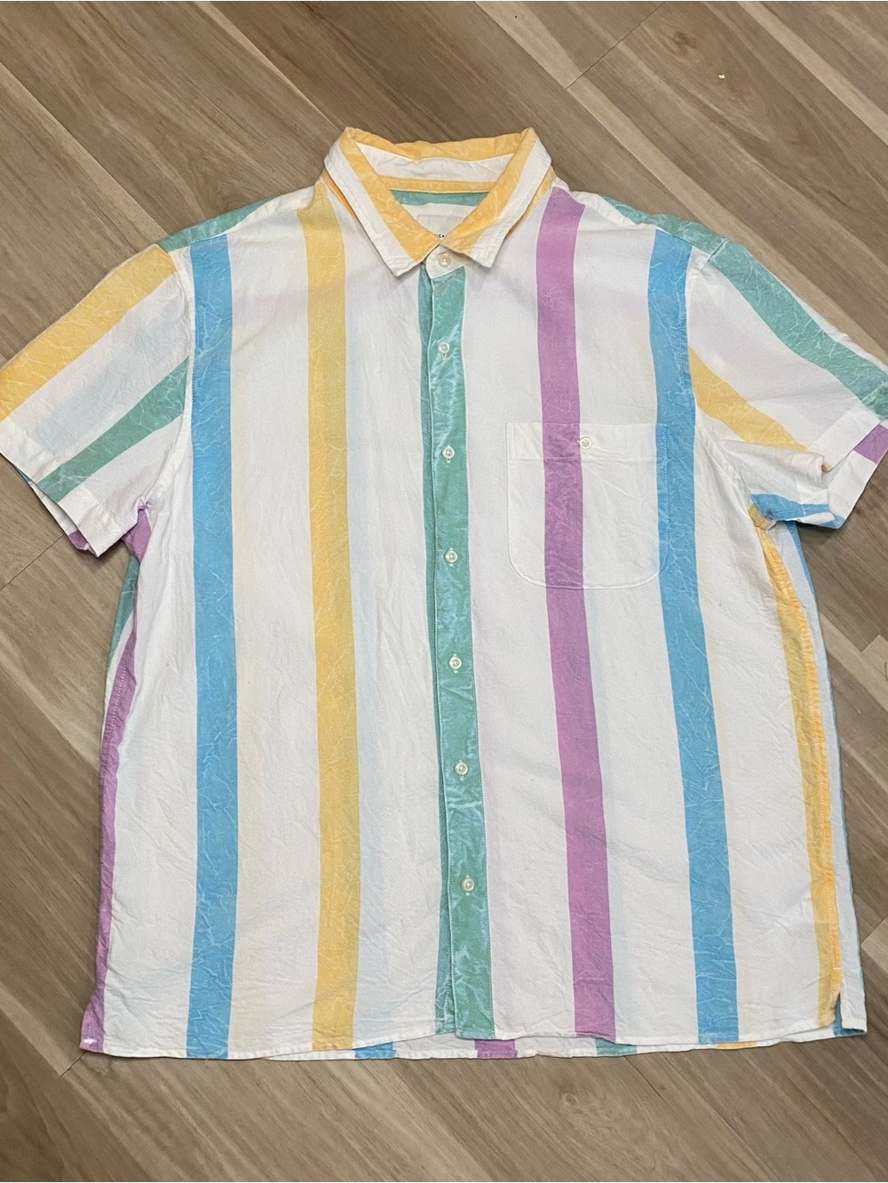 American Eagle Outfitters Pastel Multi-Striped Short Sleeve Button-Up